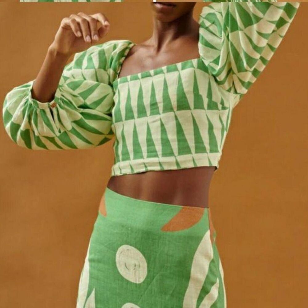 Anthropologie Maison d’Amé Paris Green White Geometric Puff Sleeve Crop Top L